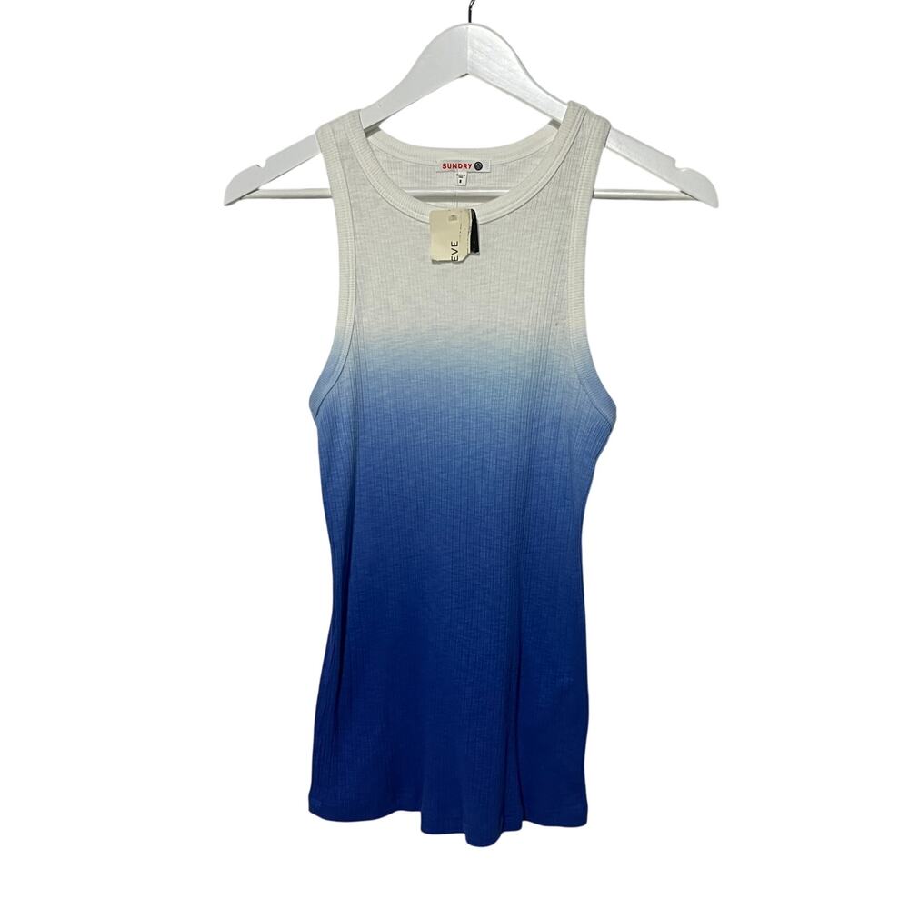 SUNDRY WMNS SZ 3/LARGE COTTON MODAL RIBBED STRETCH TANK TOP OMBRE BLUE WHITE NEW
